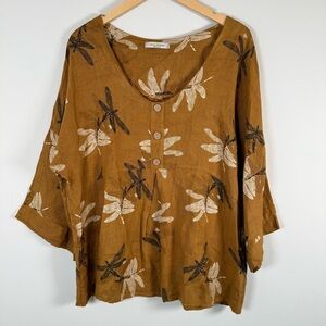 Viola Borghi‎ 100% Linen Novelty Dragon Fly Print Lagenlook Blouse Shirt Small